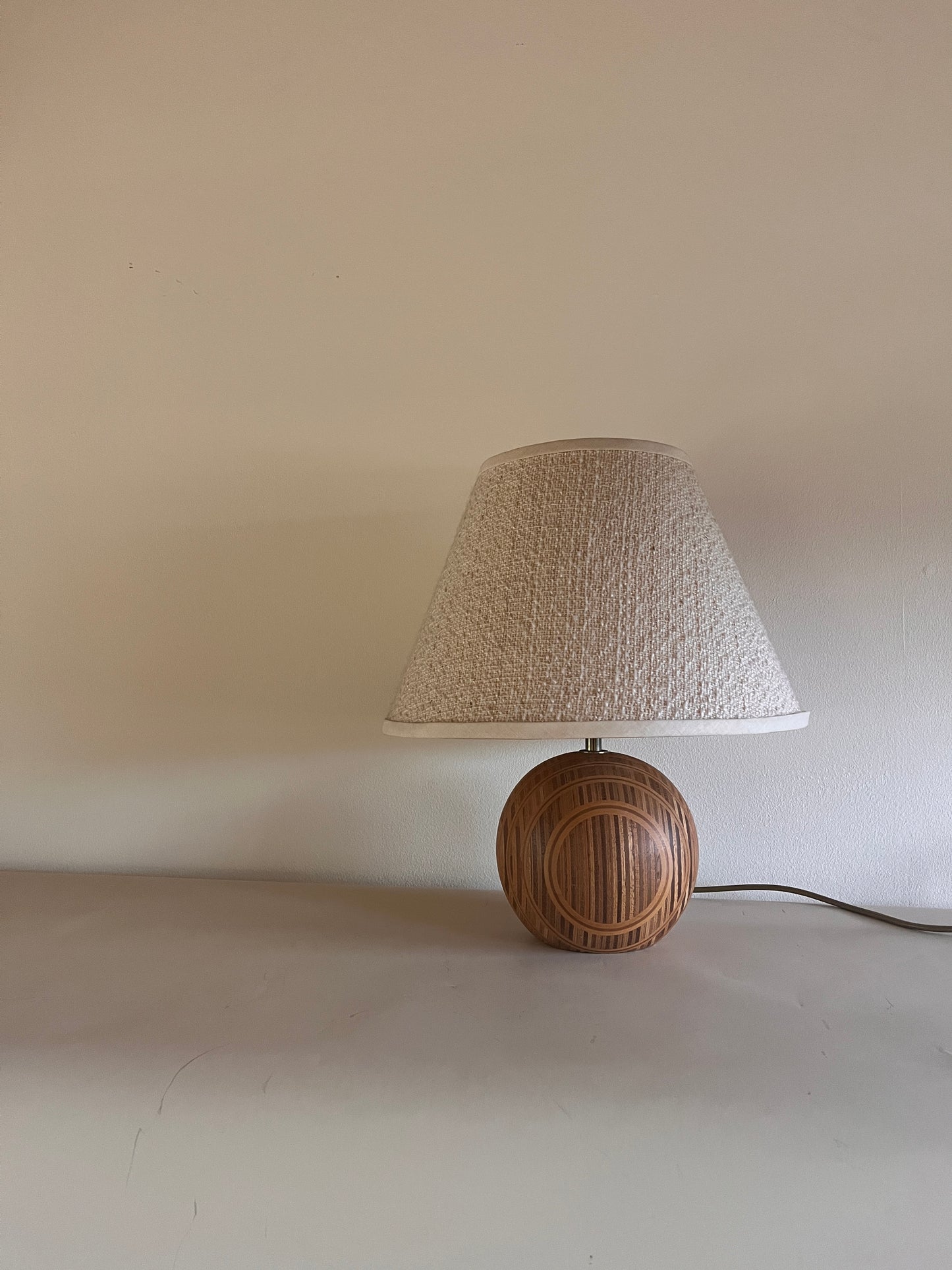 Vintage Turned Wood Lamp With Boucle Shade