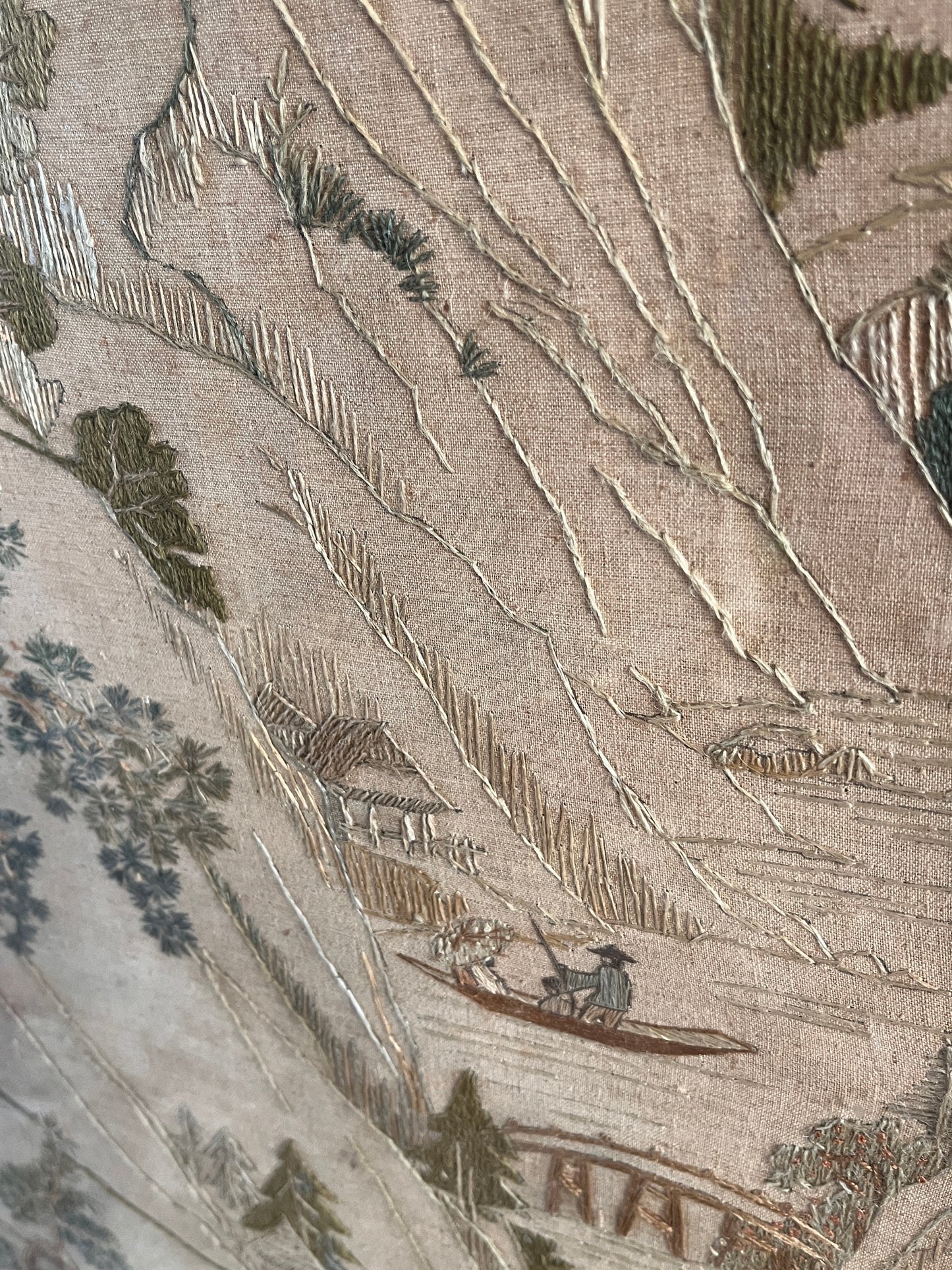 ON HOLD Pair of Early 20th Century Chinoiserie Silk Embroidered Linen Panels. Signed & Dated