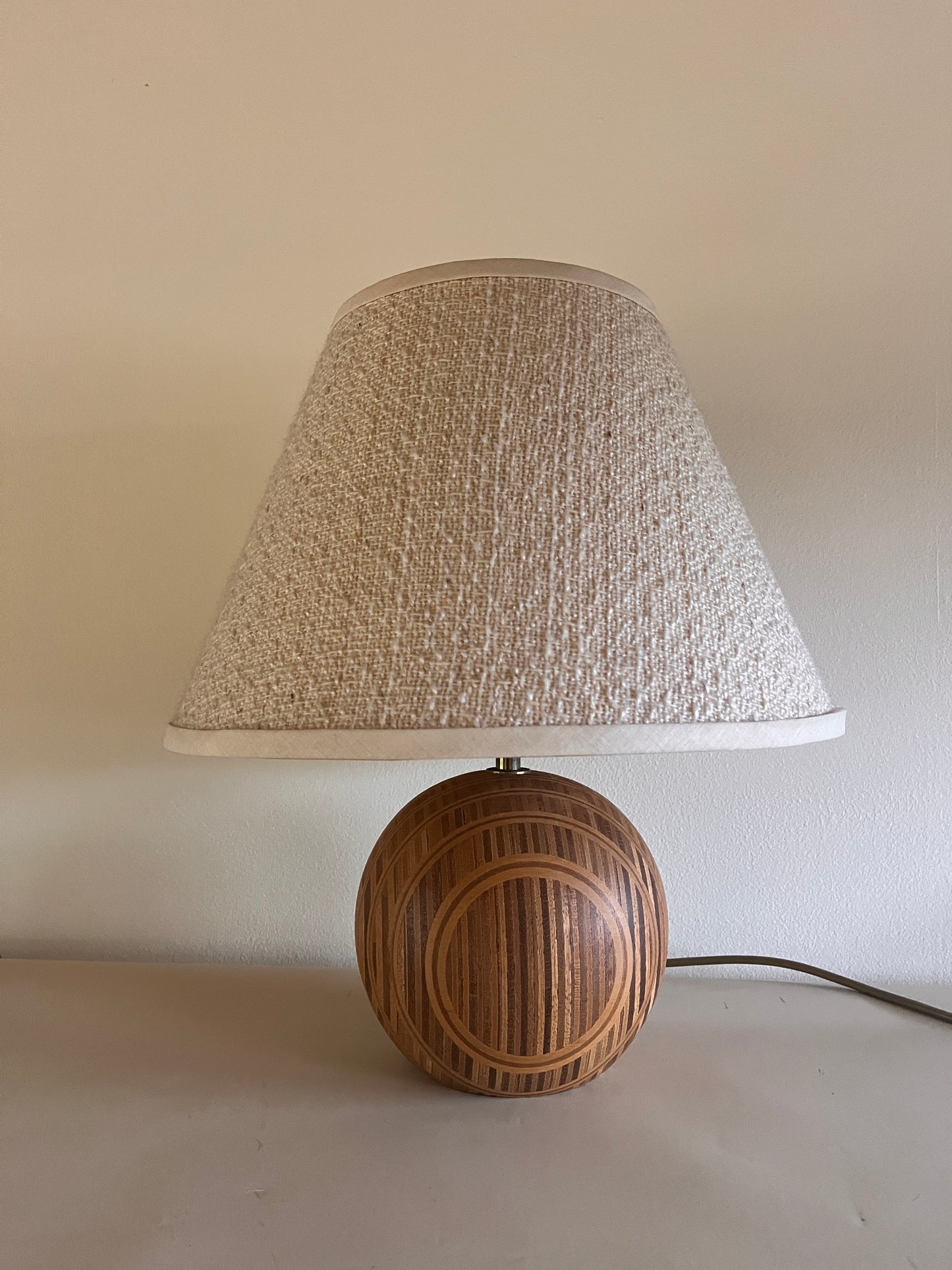 Vintage Turned Wood Lamp With Boucle Shade