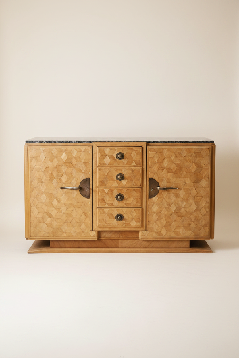 Art Deco Parquet Sideboard with Green Marble Top, France, c.1930