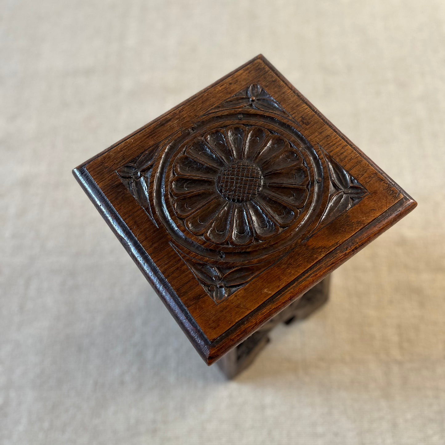Early 20th Century Carved Oak Stool / Side Table