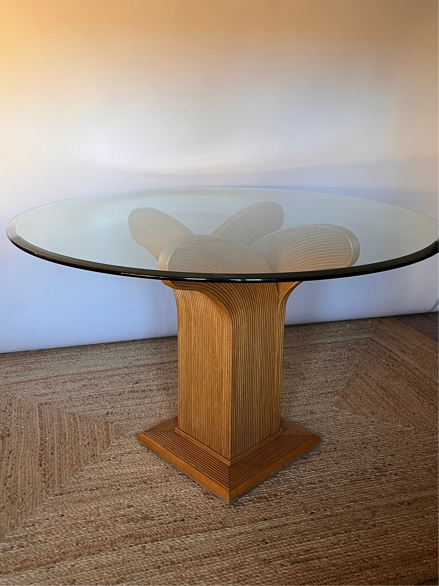 pencil reed bamboo table with round glass top
