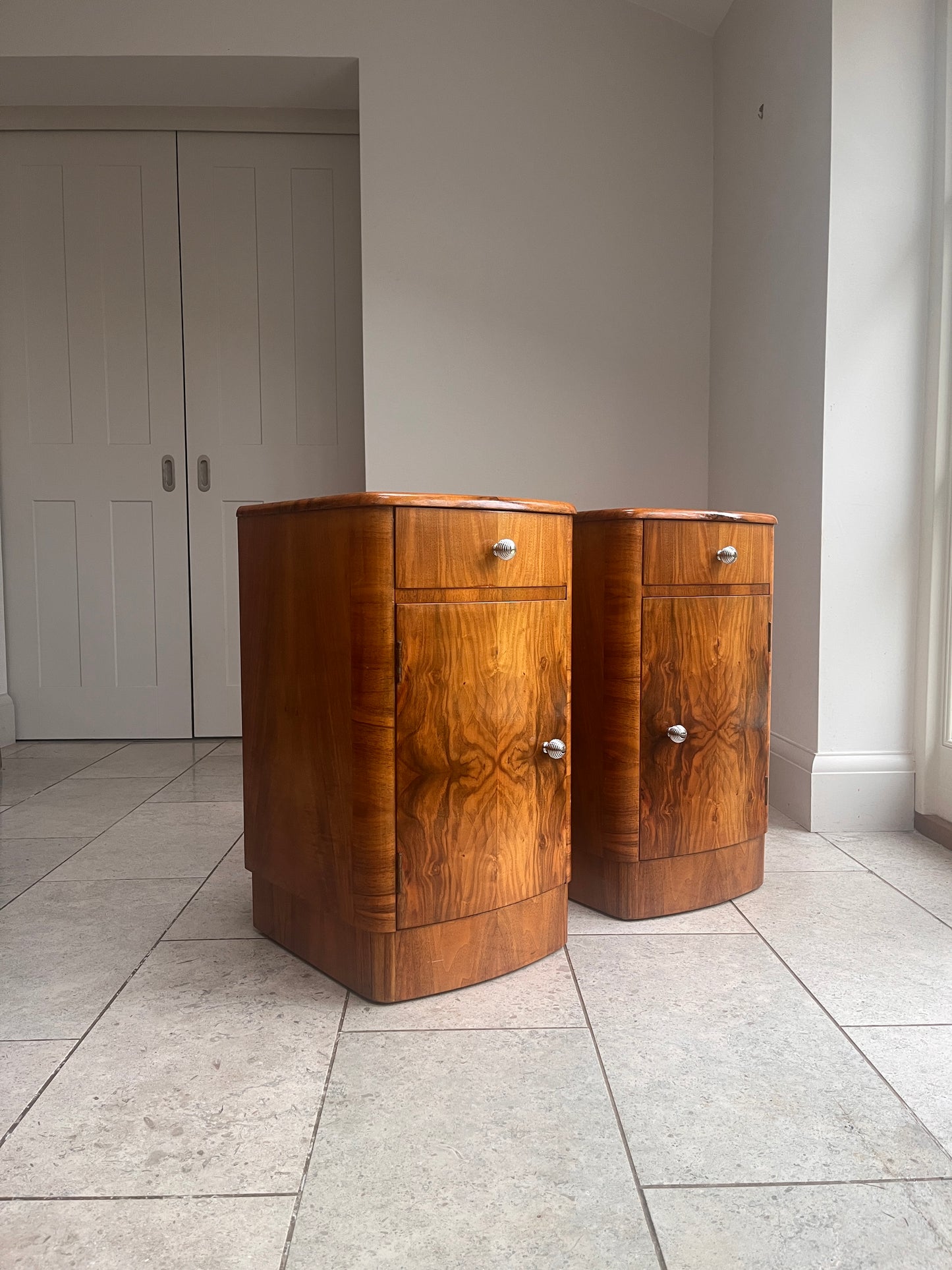 Pair of Art Deco Burr Walnut Bedside Cabinet c. 1930–1940