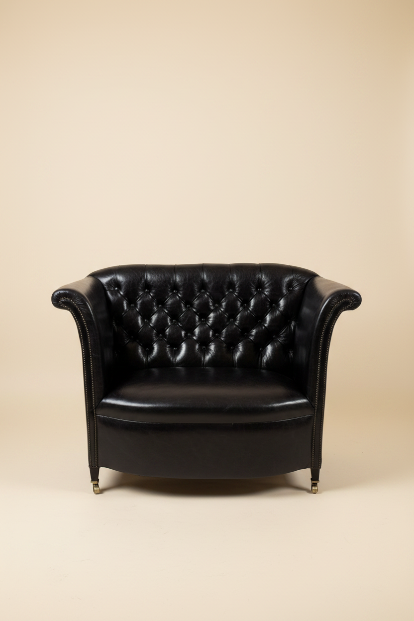 English Button-Back Leather Sofa, c.1920