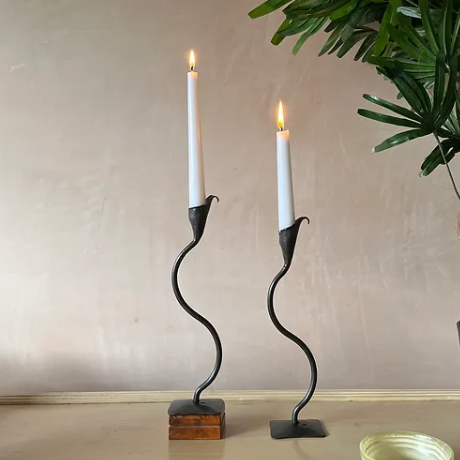 pair of black forged metal handmade wiggle wavy squiggle candleholders