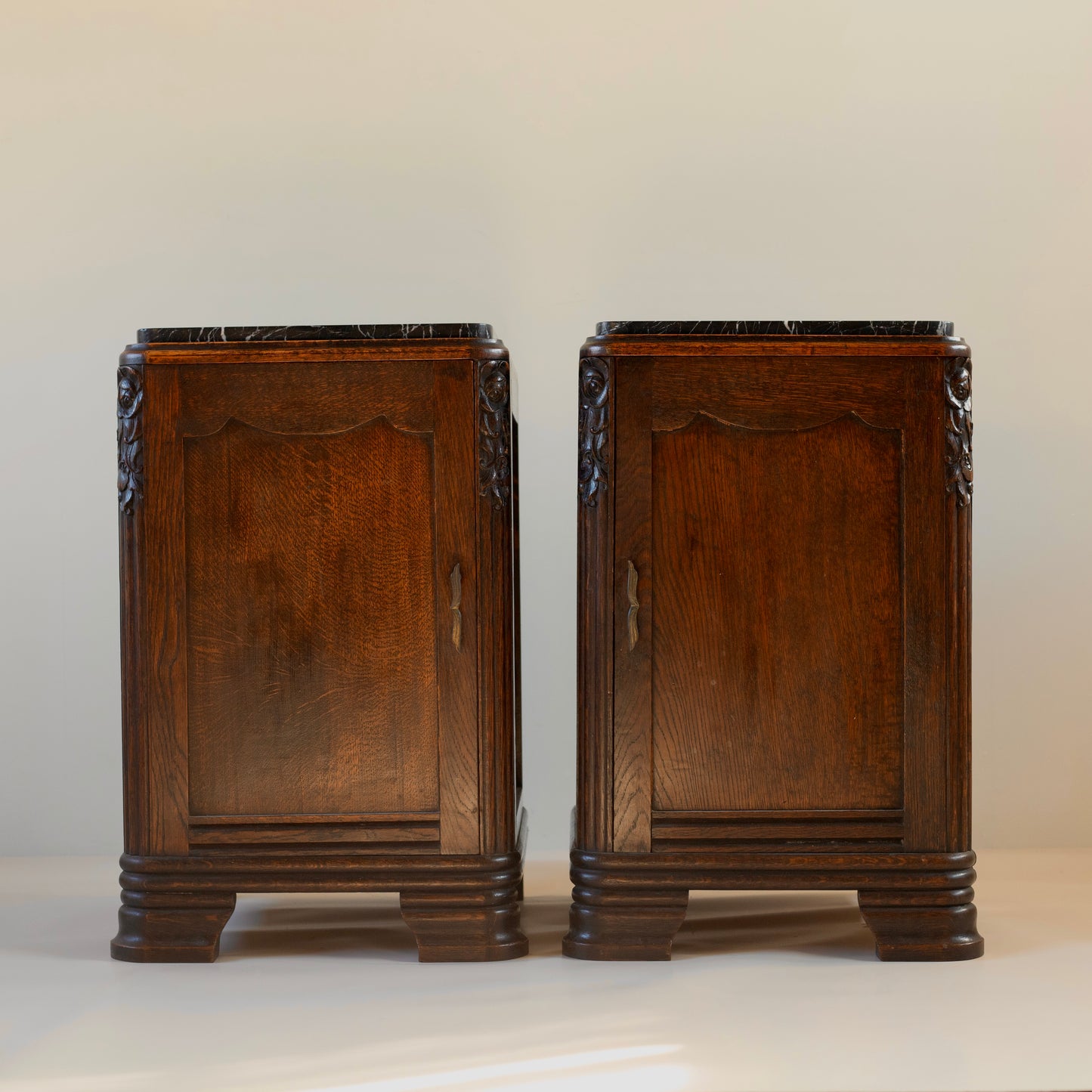 French Art Deco Oak and Marble Bedside cabinets (Pair)