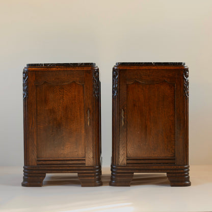 French Art Deco Oak and Marble Bedside cabinets (Pair)