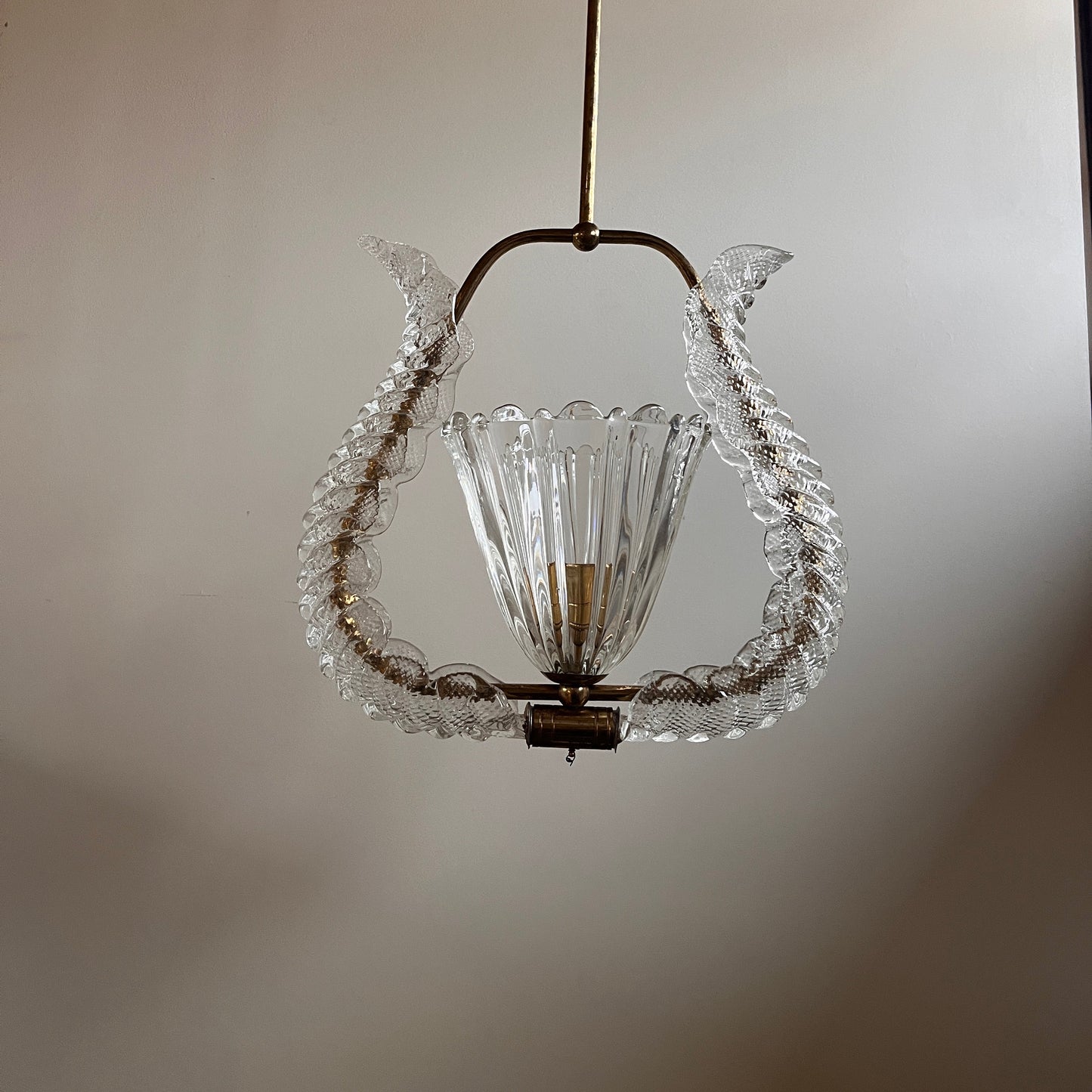 ON HOLD  1950s Murano Glass and Brass Pendant Light attributed to Barovier & Toso
