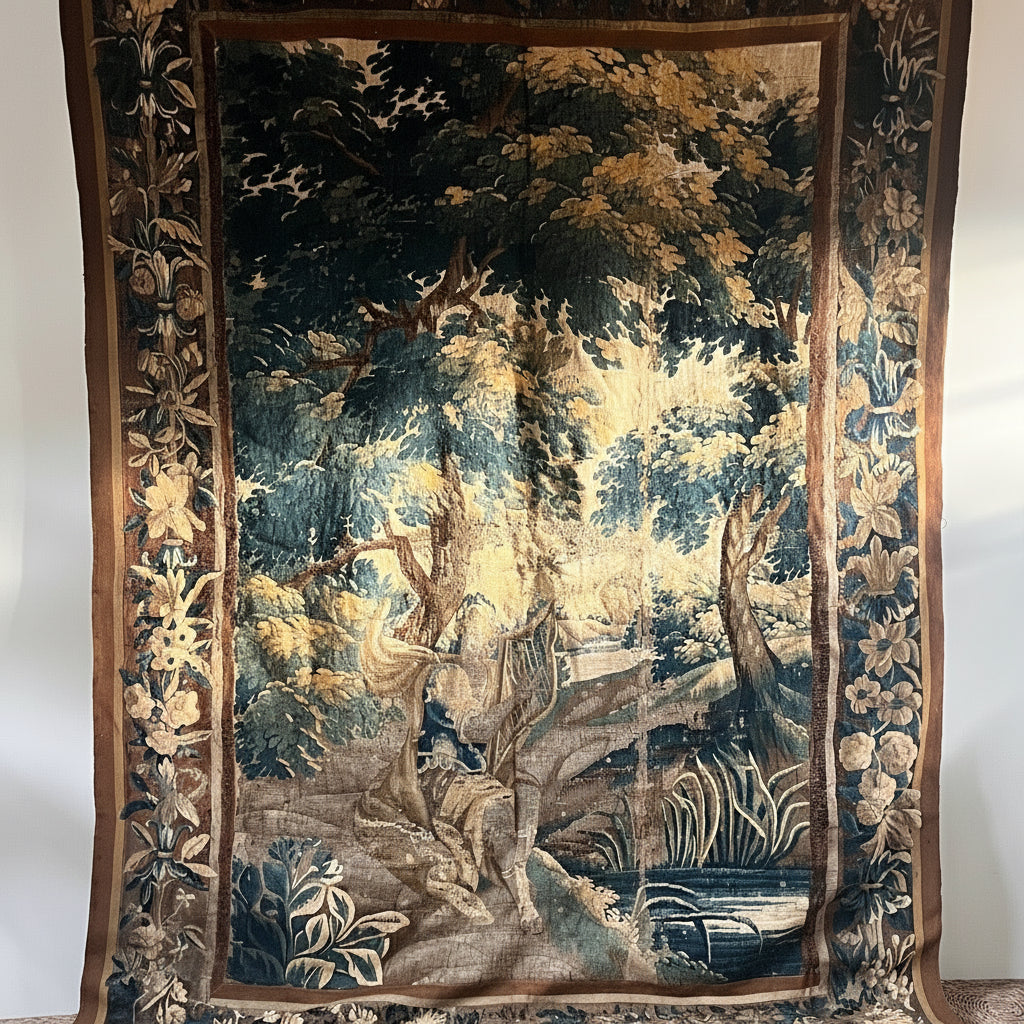 Decorative tapestry with nature scene on a plain wall