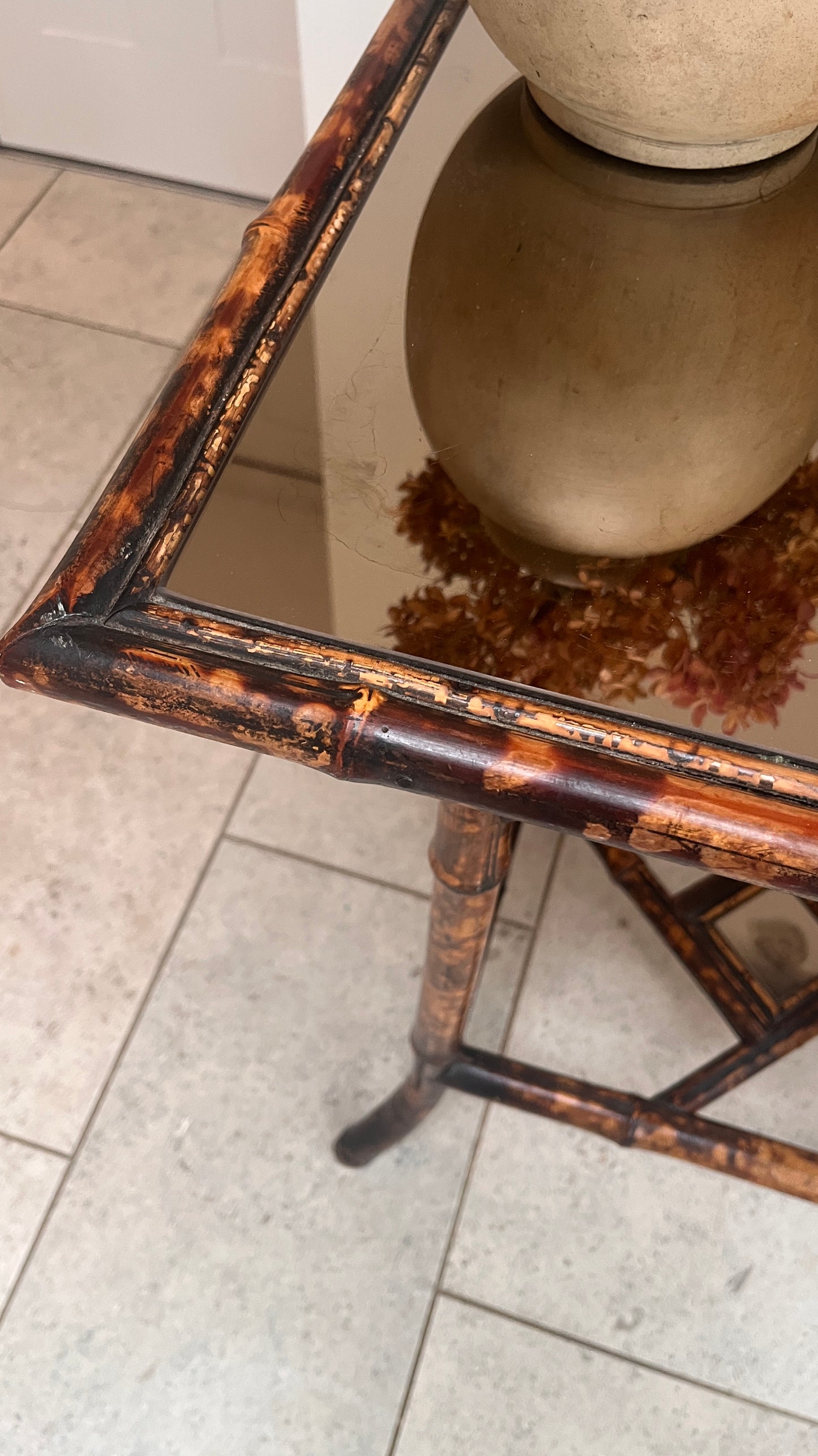 Tortoiseshell  Bamboo Two-Tier Side Table with Glass Top C.1900