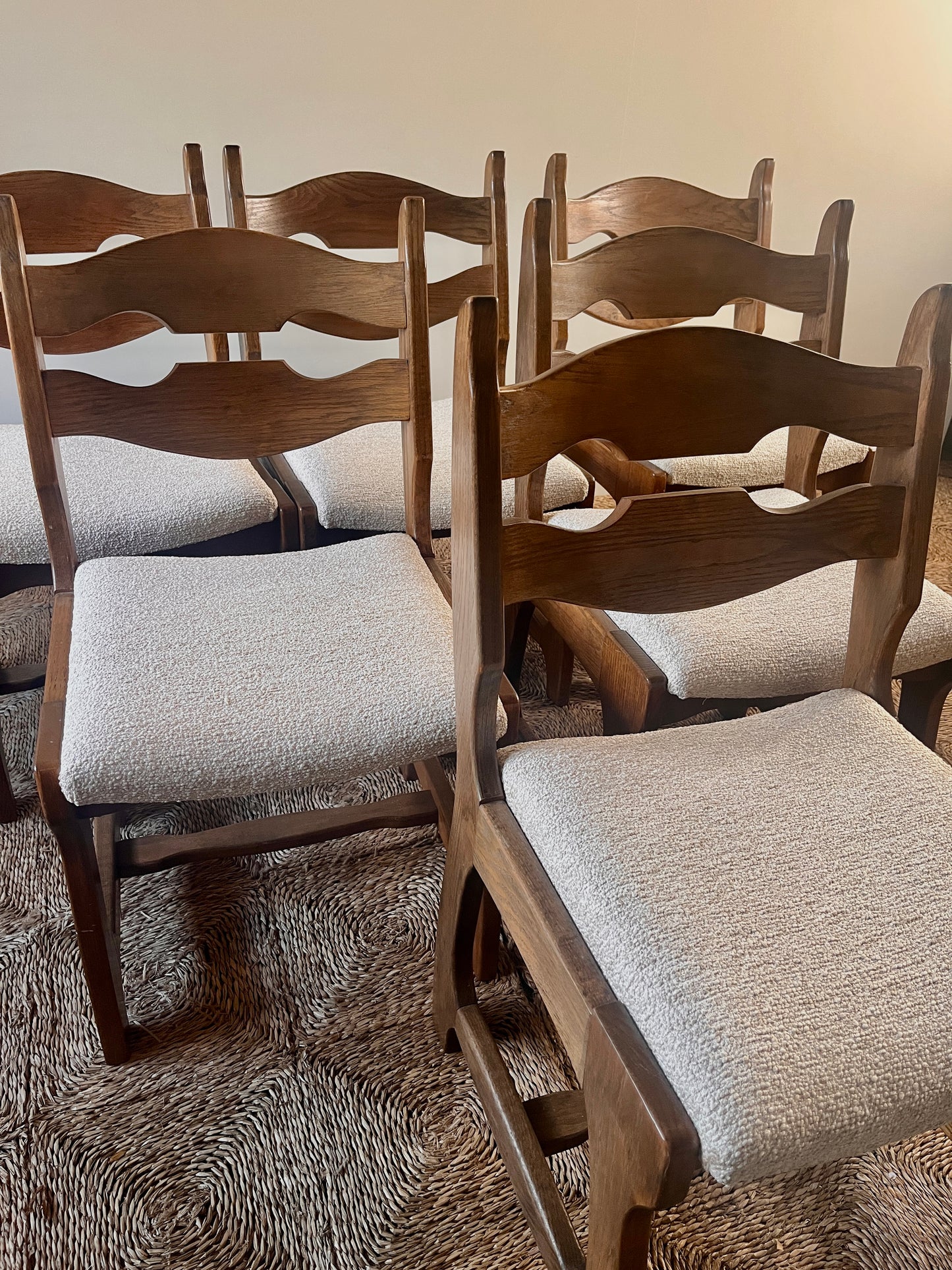 Set of Six Mid-Century French Oak “Razor Back” Dining Chairs