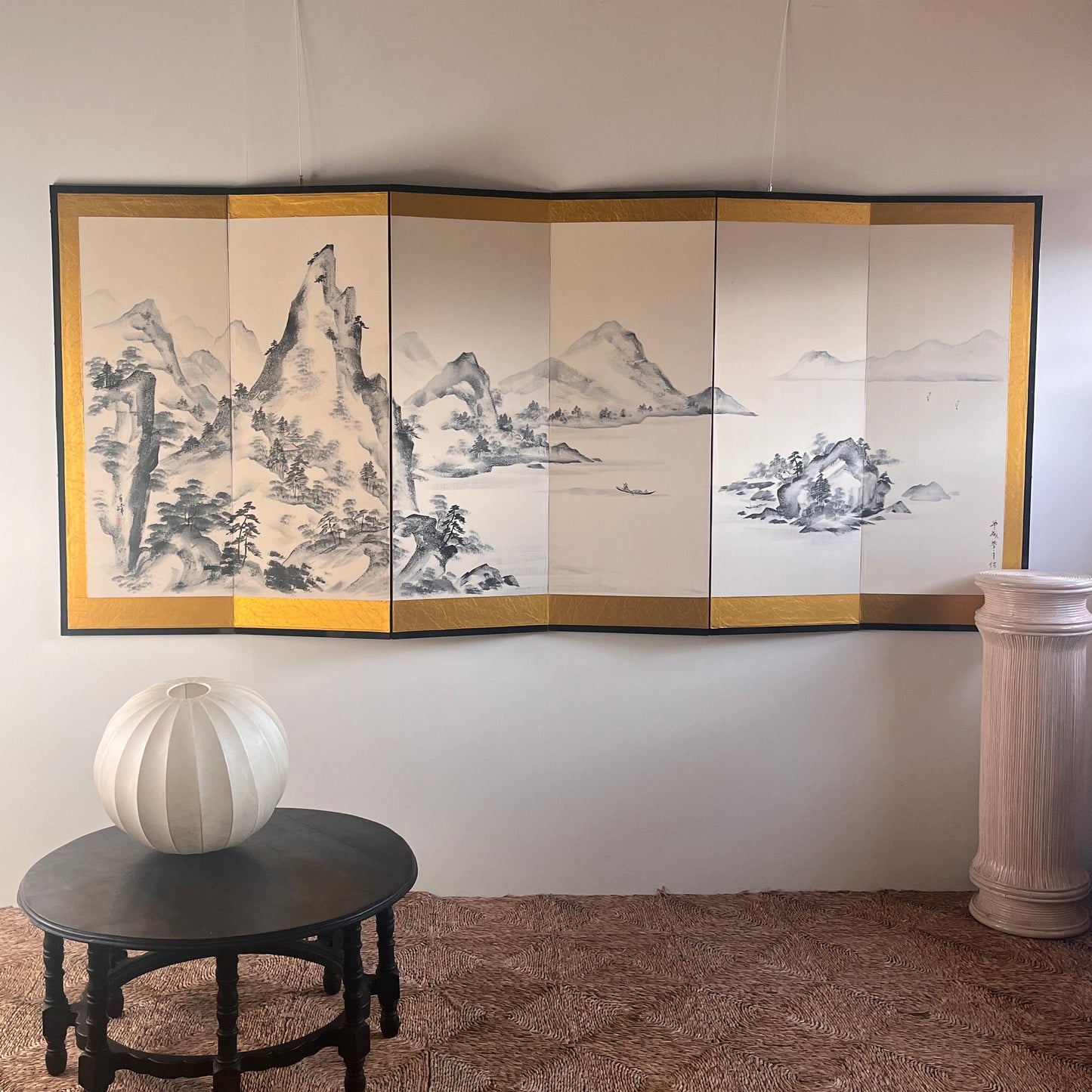 Decorative Japanese Six-Panel Folding Screen. Mountainous Scenes.