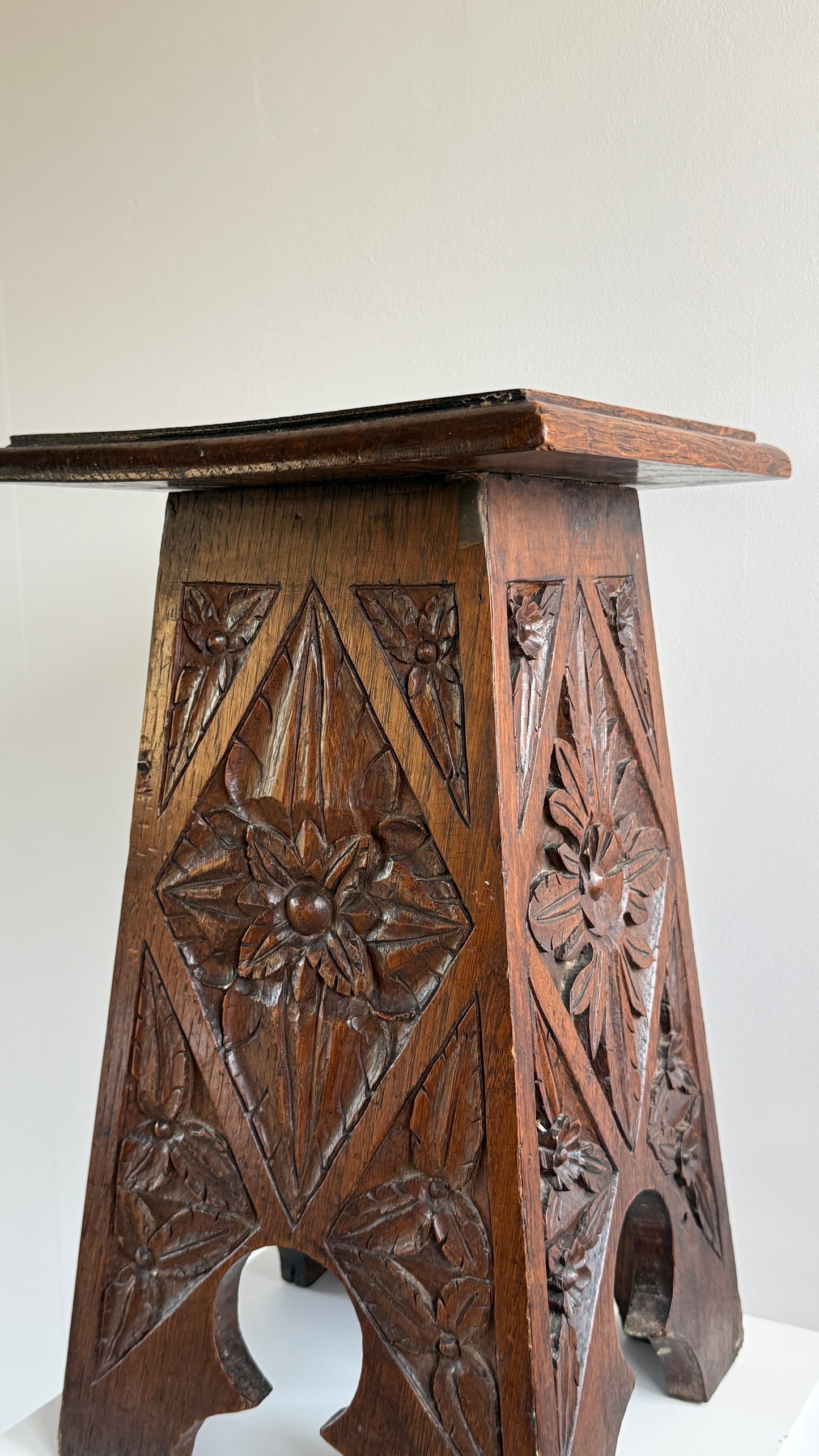 Early 20th Century Carved Oak Stool / Side Table