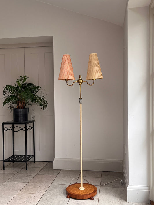 Swedish 1940s Cream Lacquered, Brass and Birch Burr Floor Lamp