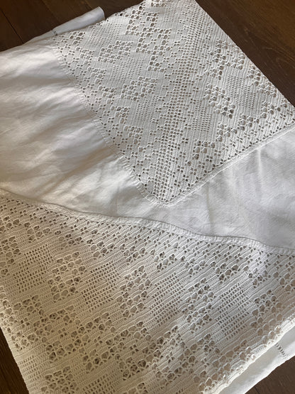 Vintage French Linen Tablecloth with Hand-Worked Filet Crochet Panels