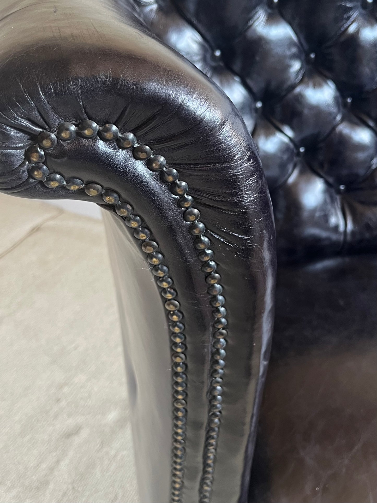 English Button-Back Leather Sofa, c.1920