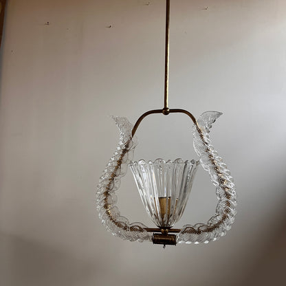 ON HOLD  1950s Murano Glass and Brass Pendant Light attributed to Barovier & Toso