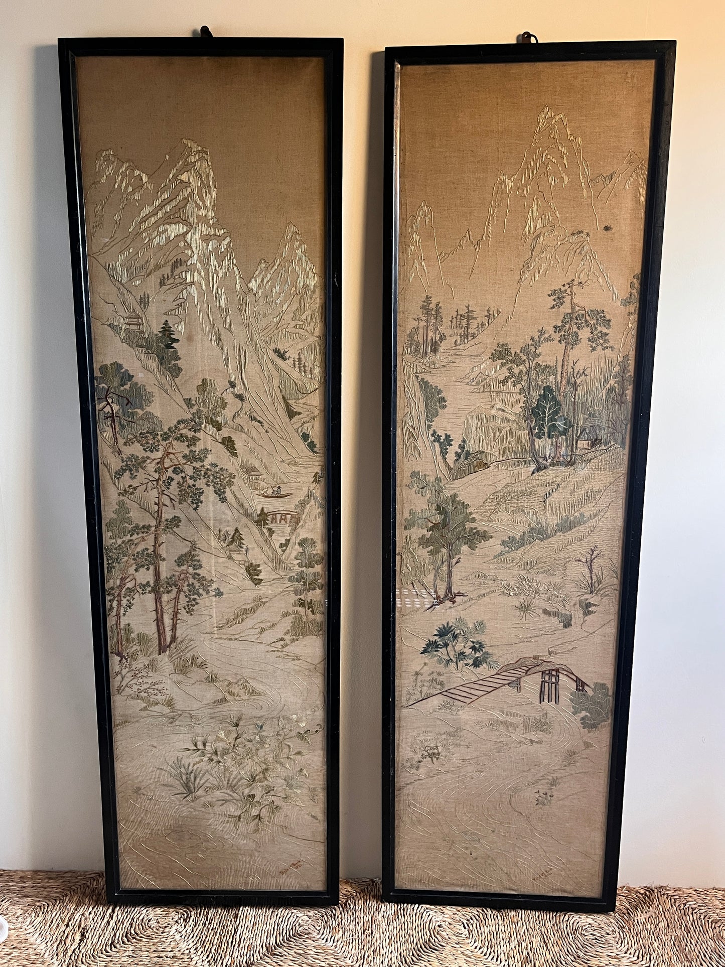 ON HOLD Pair of Early 20th Century Chinoiserie Silk Embroidered Linen Panels. Signed & Dated
