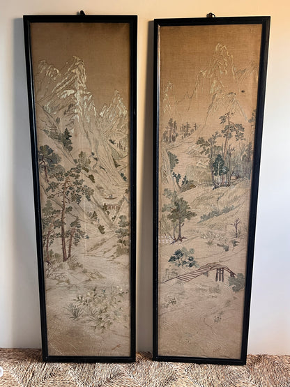 ON HOLD Pair of Early 20th Century Chinoiserie Silk Embroidered Linen Panels. Signed & Dated