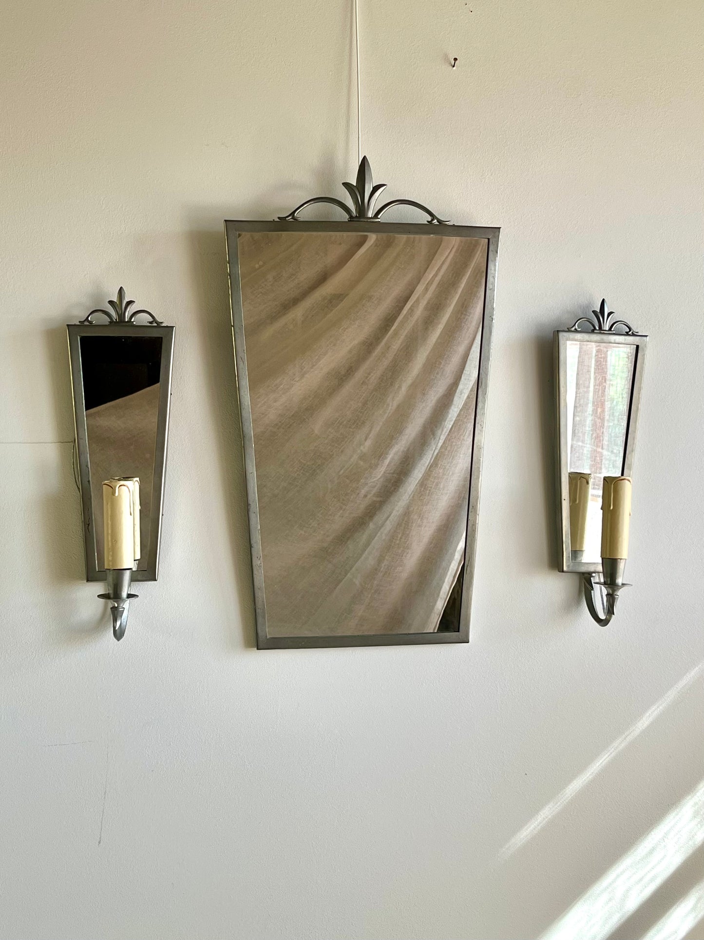 Swedish Grace Pewter Mirror & Sconce Set by Svenskt Tenn, 1931