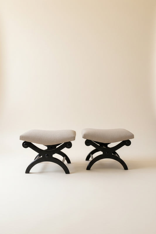 Pair of Mid-Century Ebonised Curule Footstools