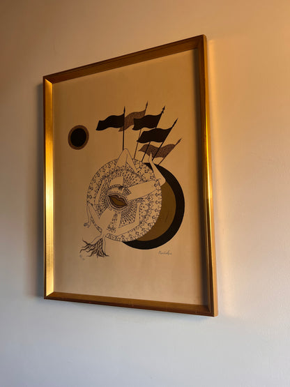 Surrealist Lithograph by Max Walter Svanberg, Sweden C. 1950.