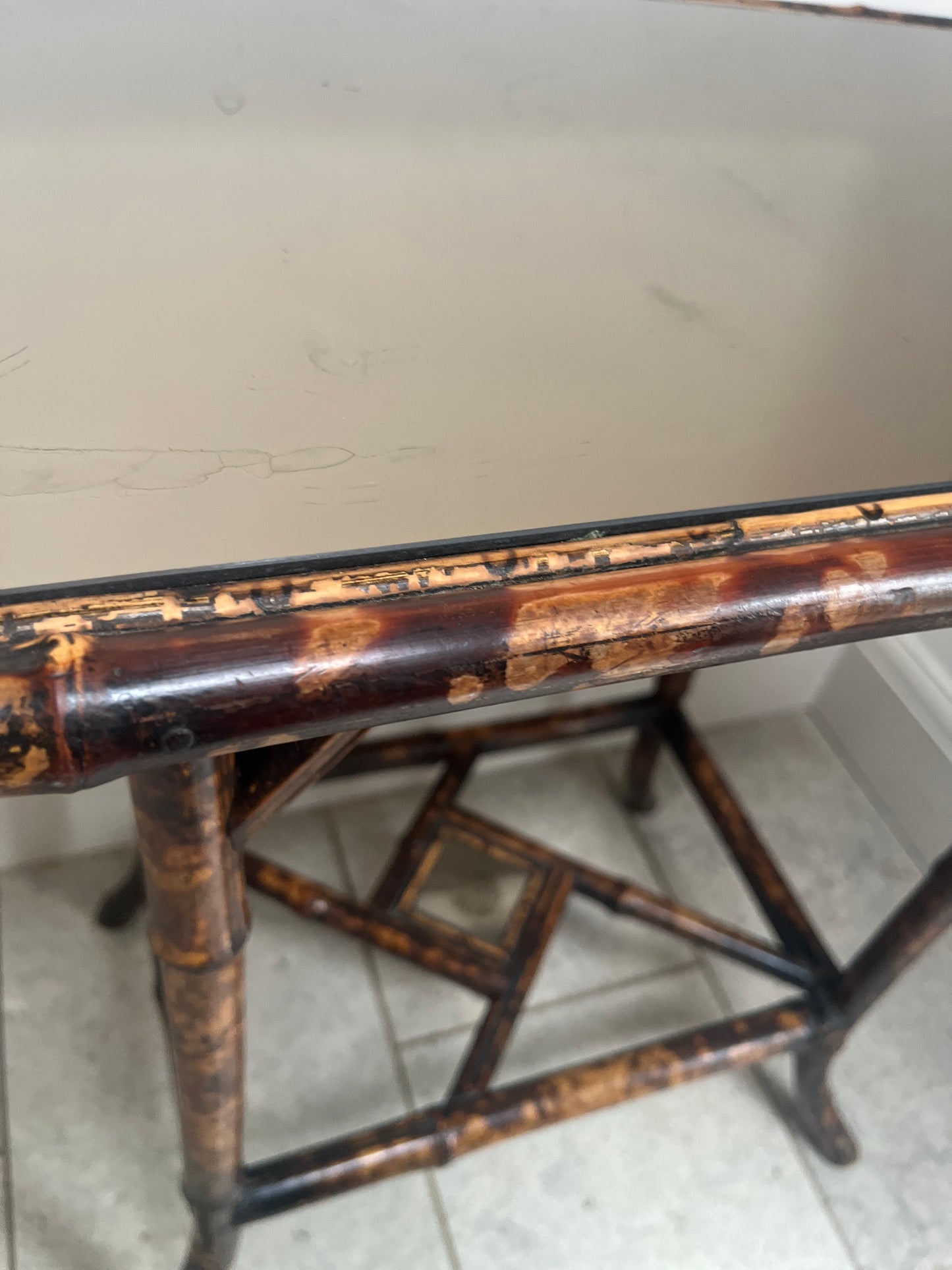 Tortoiseshell  Bamboo Two-Tier Side Table with Glass Top C.1900