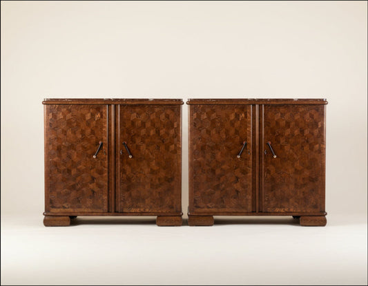 Pair of Art Deco Belgian Parquetry Cabinets with Rose Marble Tops.