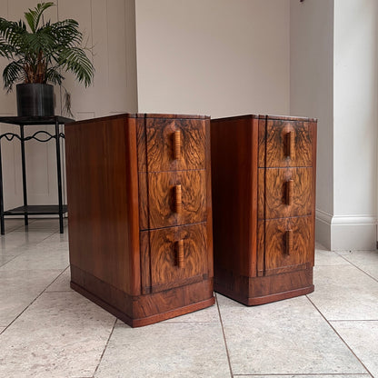 Pair of 1930s Art Deco Bedside Cabinets with Burr Walnut Drawer Fronts