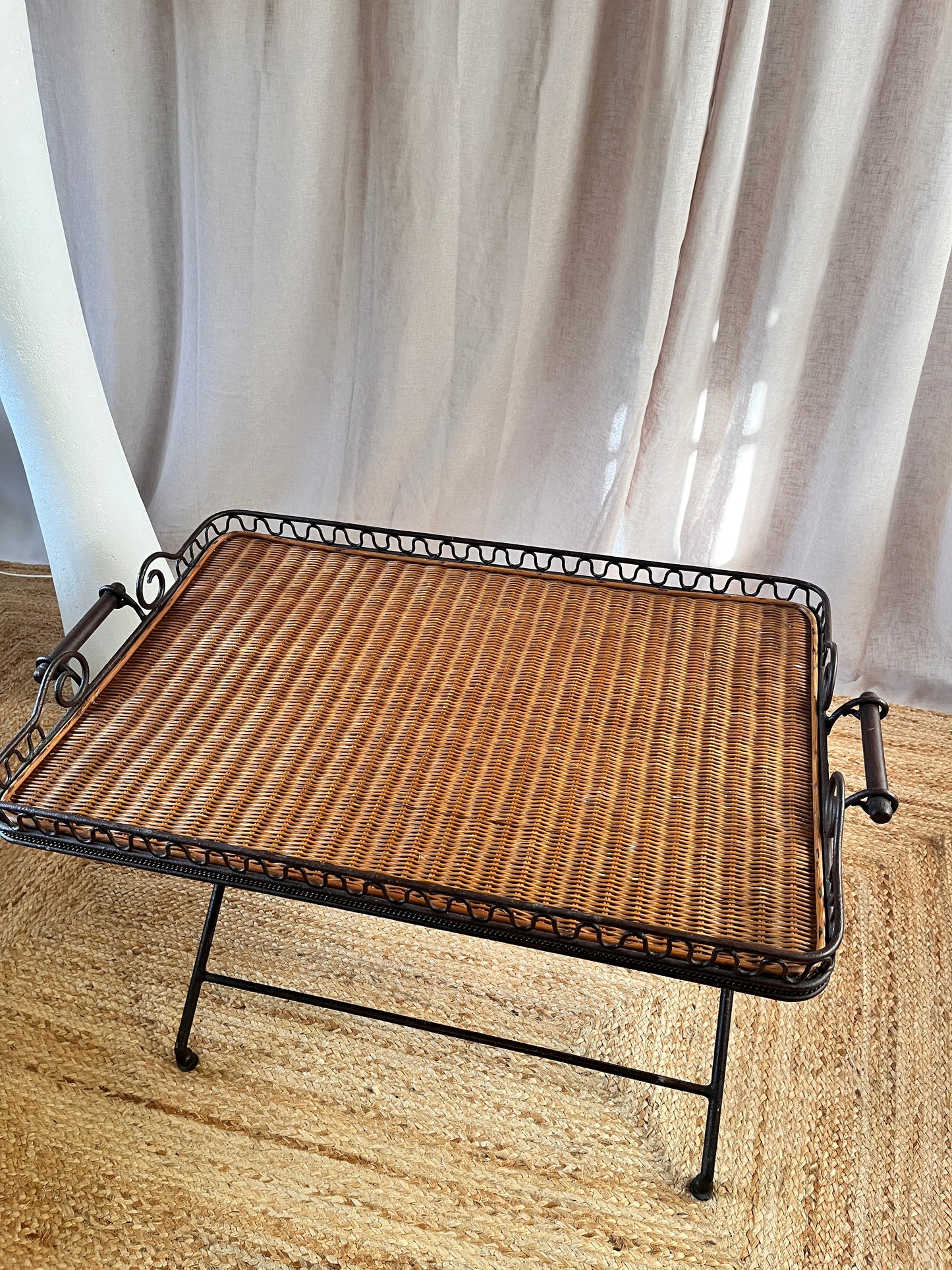 Smart Vintage Iron and Rattan Folding Table.