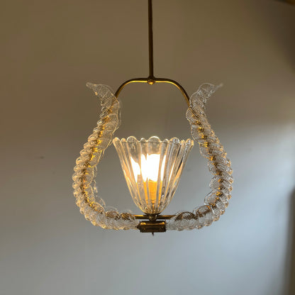 ON HOLD  1950s Murano Glass and Brass Pendant Light attributed to Barovier & Toso