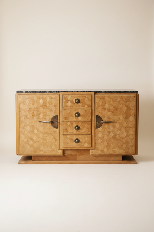 Art Deco Parquet Sideboard with Green Marble Top, France, c.1930