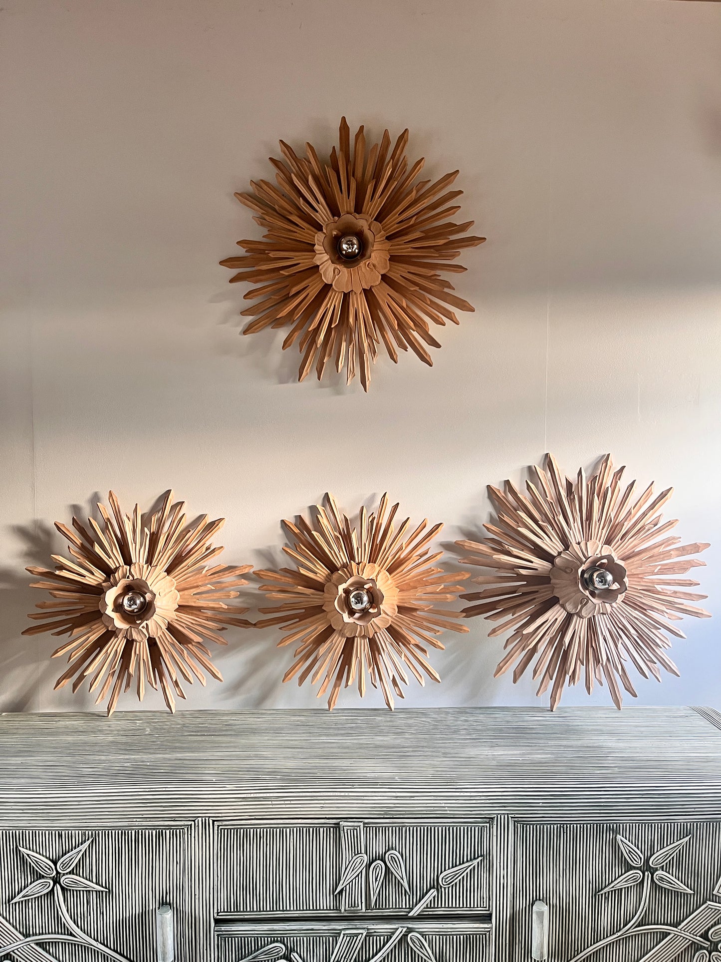 Large Carved Sunburst Wall/Ceiling Lights (Pair). C 1970