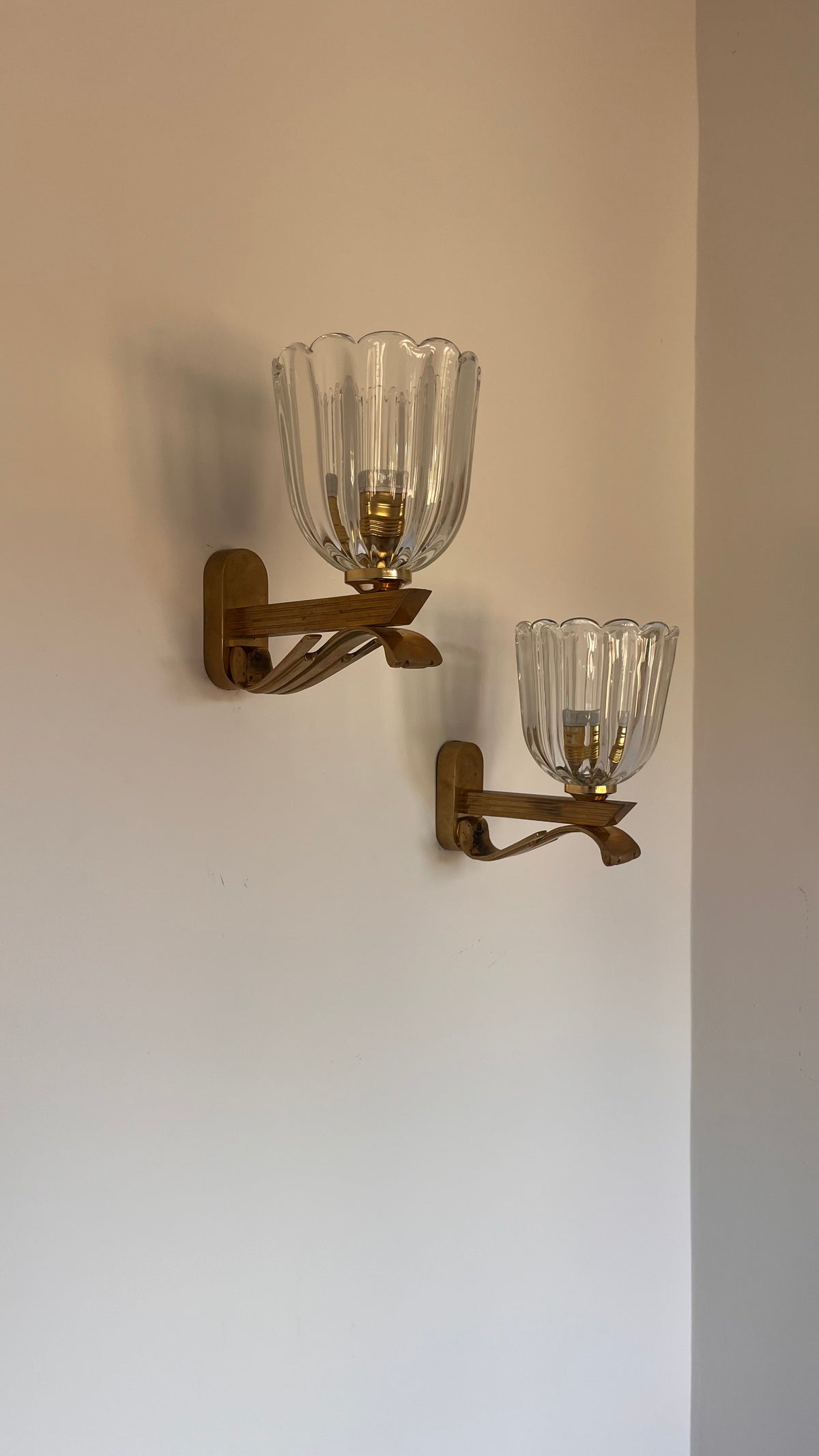 Pair of Murano Glass and Brass Wall Lights. Barovier & Toso. C. 1960