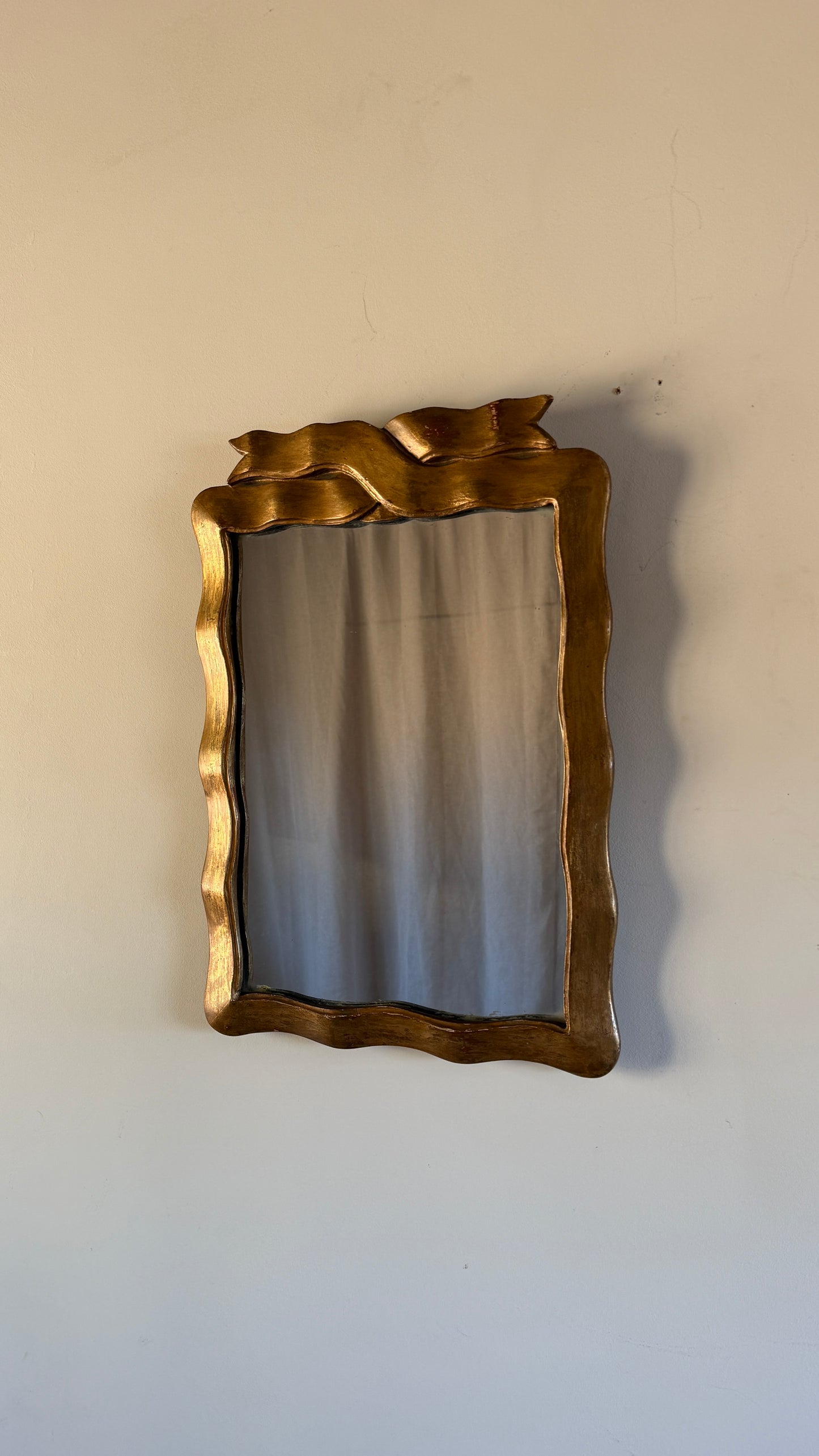 ON HOLD Midcentury Italian Gilded Mirror with Ribbon Detail