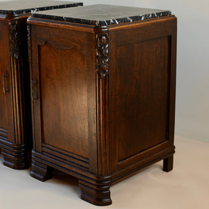French Art Deco Oak and Marble Bedside cabinets (Pair)
