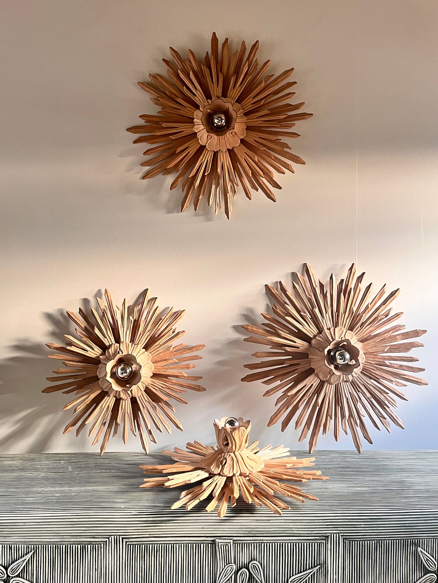 Large Carved Sunburst Wall/Ceiling Lights (Pair). C 1970