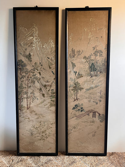 ON HOLD Pair of Early 20th Century Chinoiserie Silk Embroidered Linen Panels. Signed & Dated