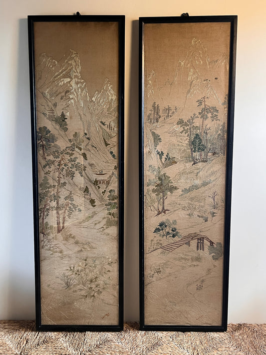 ON HOLD Pair of Early 20th Century Chinoiserie Silk Embroidered Linen Panels. Signed & Dated