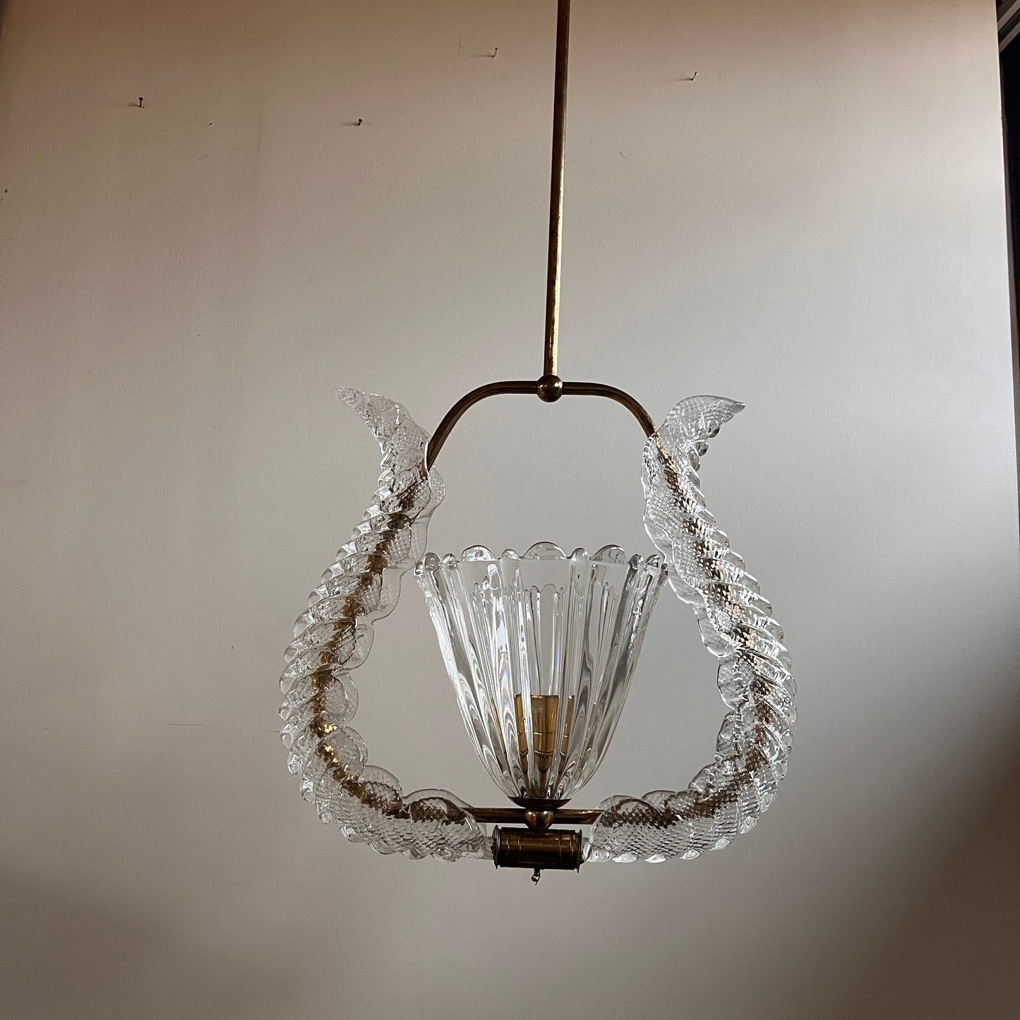 ON HOLD  1950s Murano Glass and Brass Pendant Light attributed to Barovier & Toso
