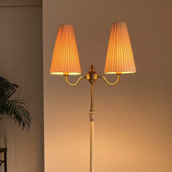Swedish 1940s Cream Lacquered, Brass and Birch Burr Floor Lamp