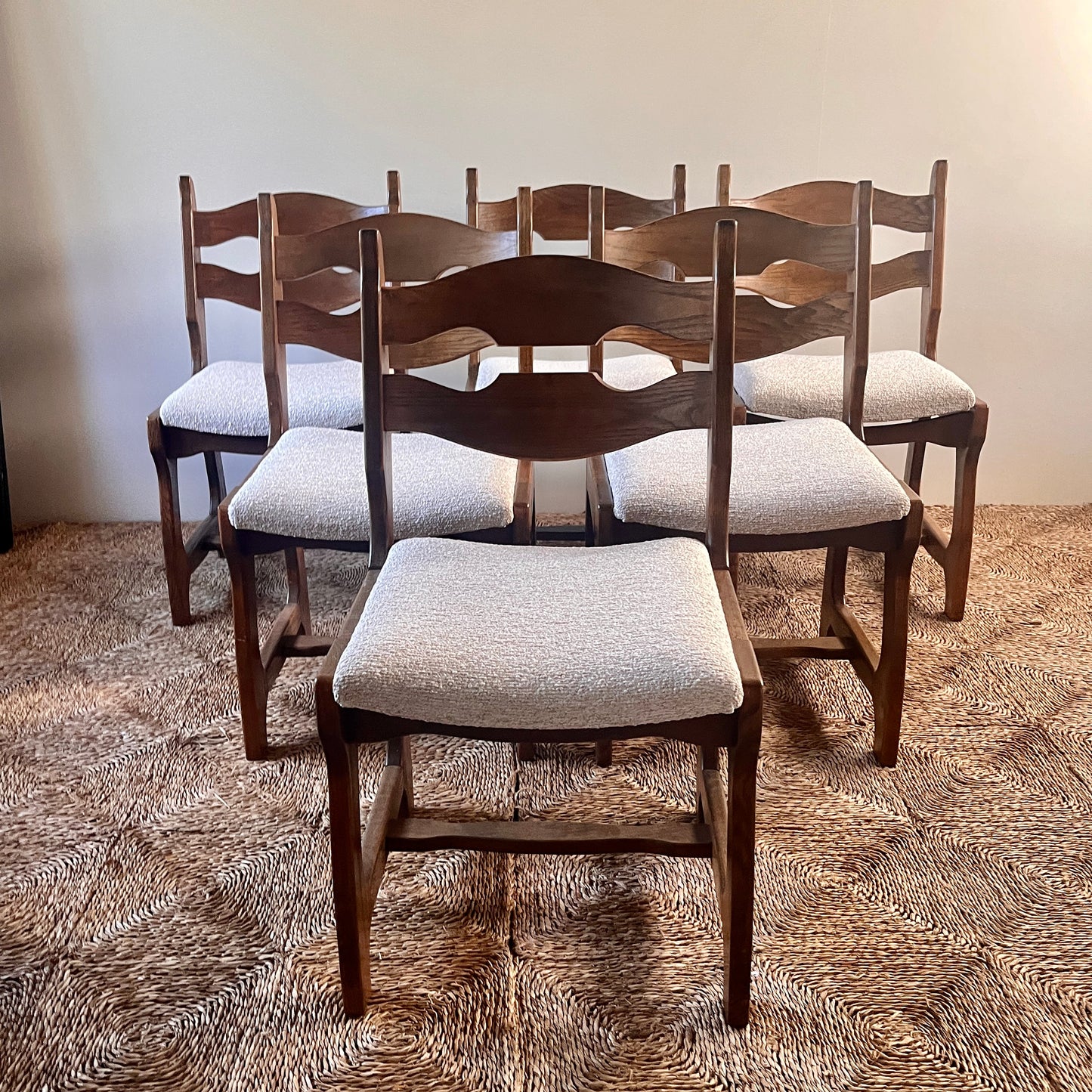 set of six mid-century razor back  French oak chairs in boucle