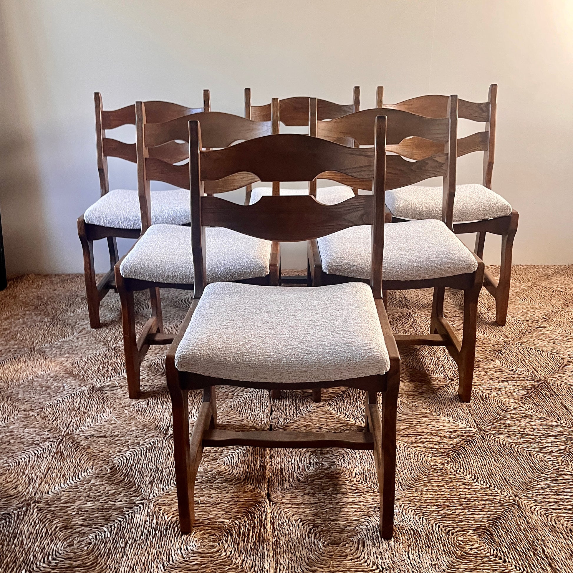 set of six mid-century razor back  French oak chairs in boucle