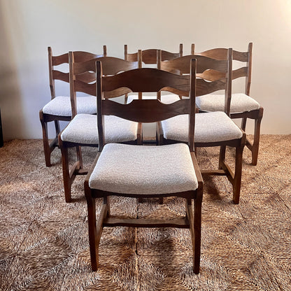 set of six mid-century razor back  French oak chairs in boucle