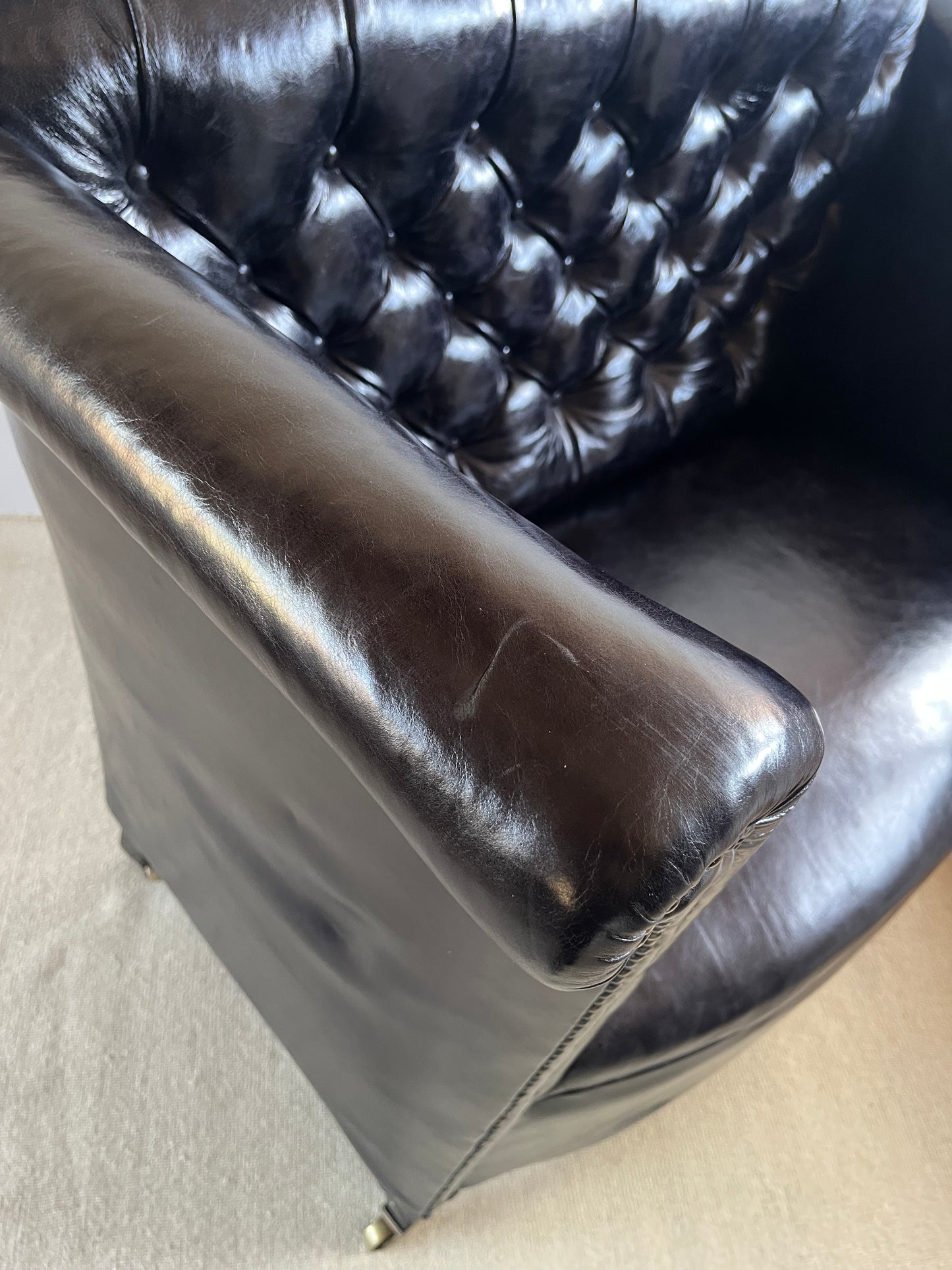 English Button-Back Leather Sofa, c.1920
