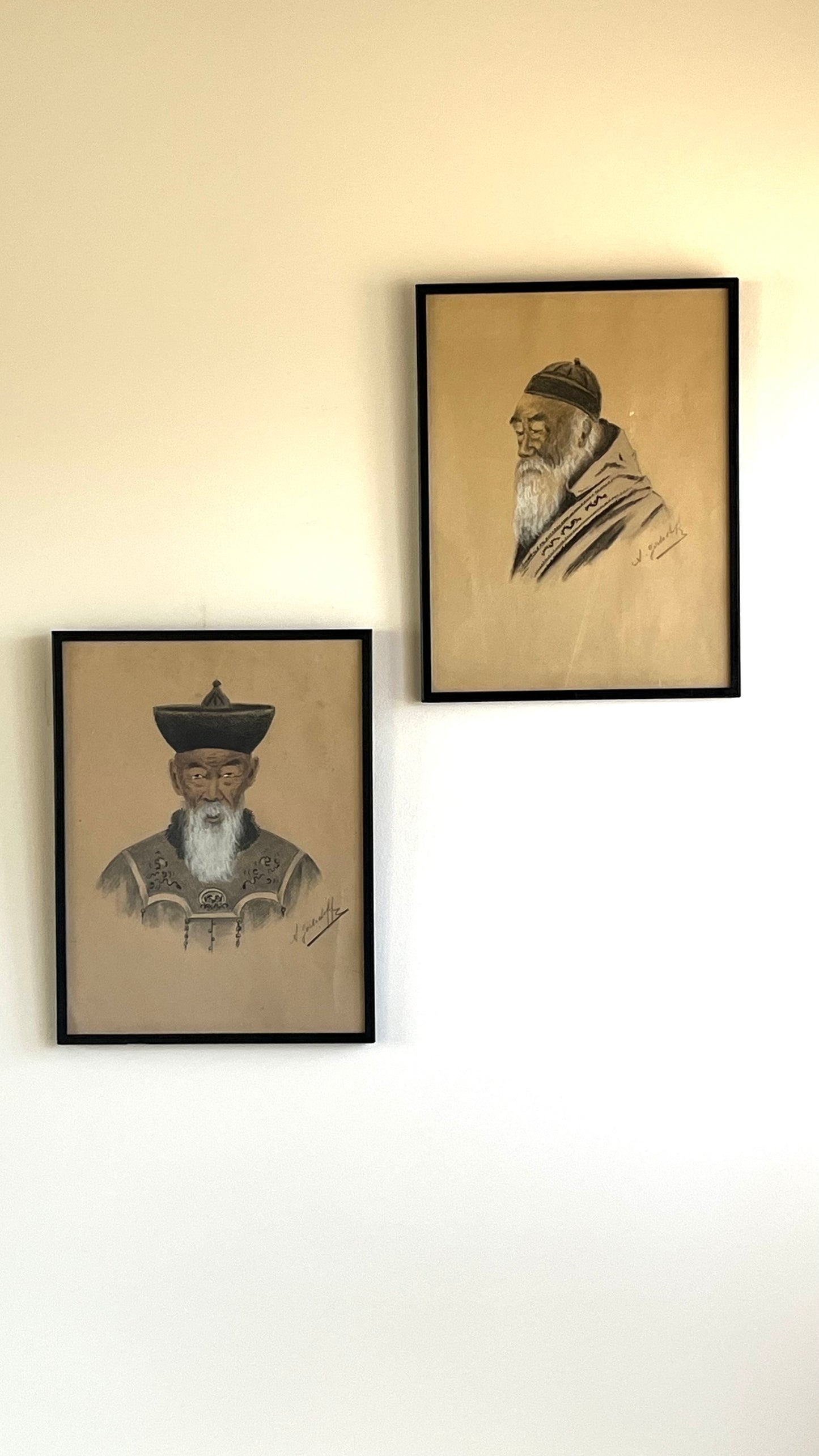 "Elders of the Silk Road" A Pair of Charcoal Portraits by A. Gorbashof
