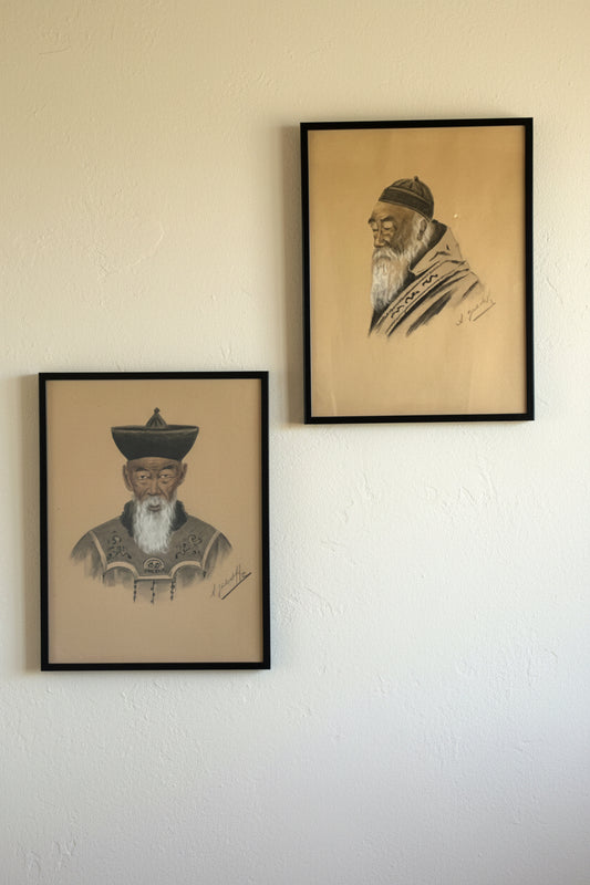 "Elders of the Silk Road" A Pair of Charcoal Portraits by A. Gorbashoff