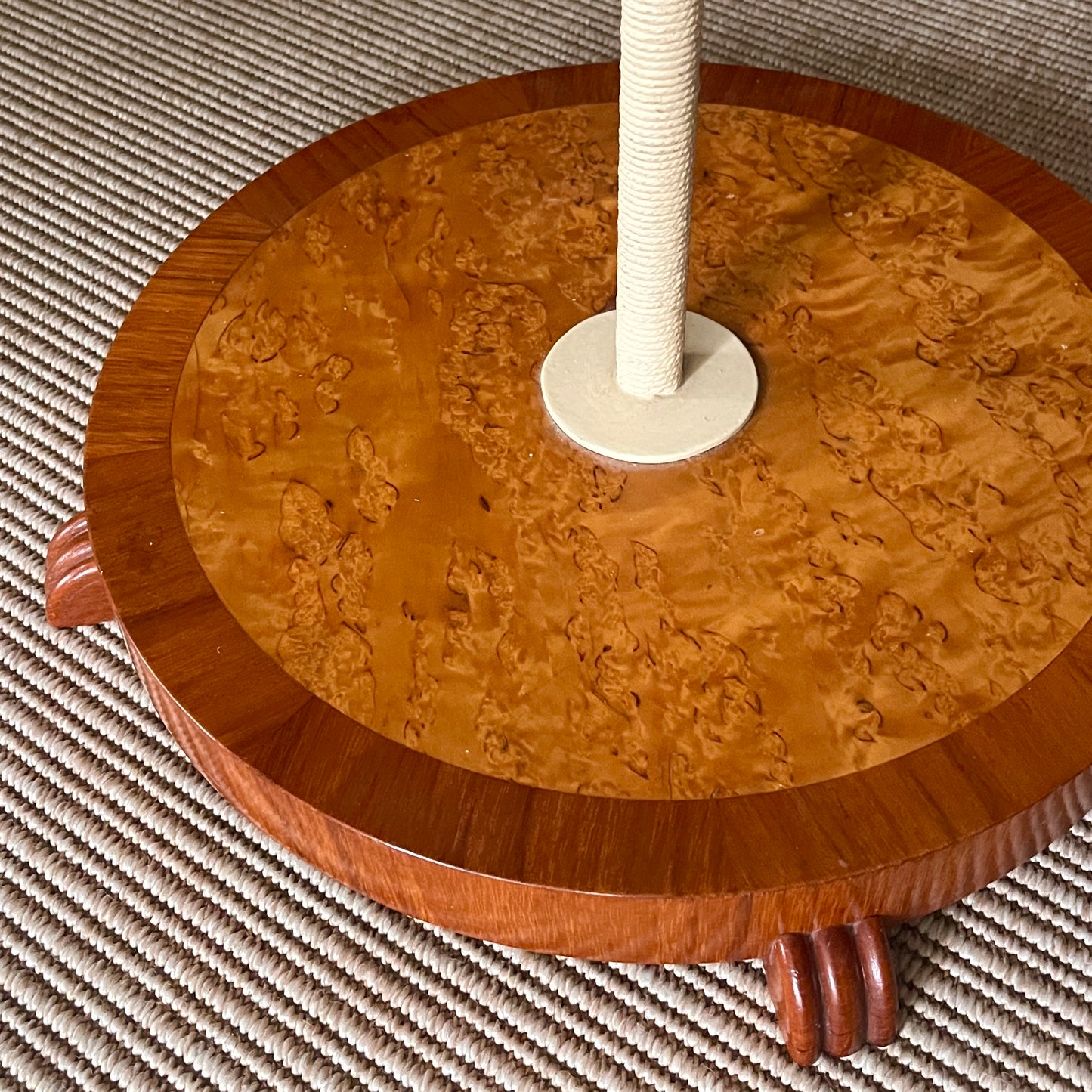 Swedish 1940s Cream Lacquered, Brass and Birch Burr Floor Lamp