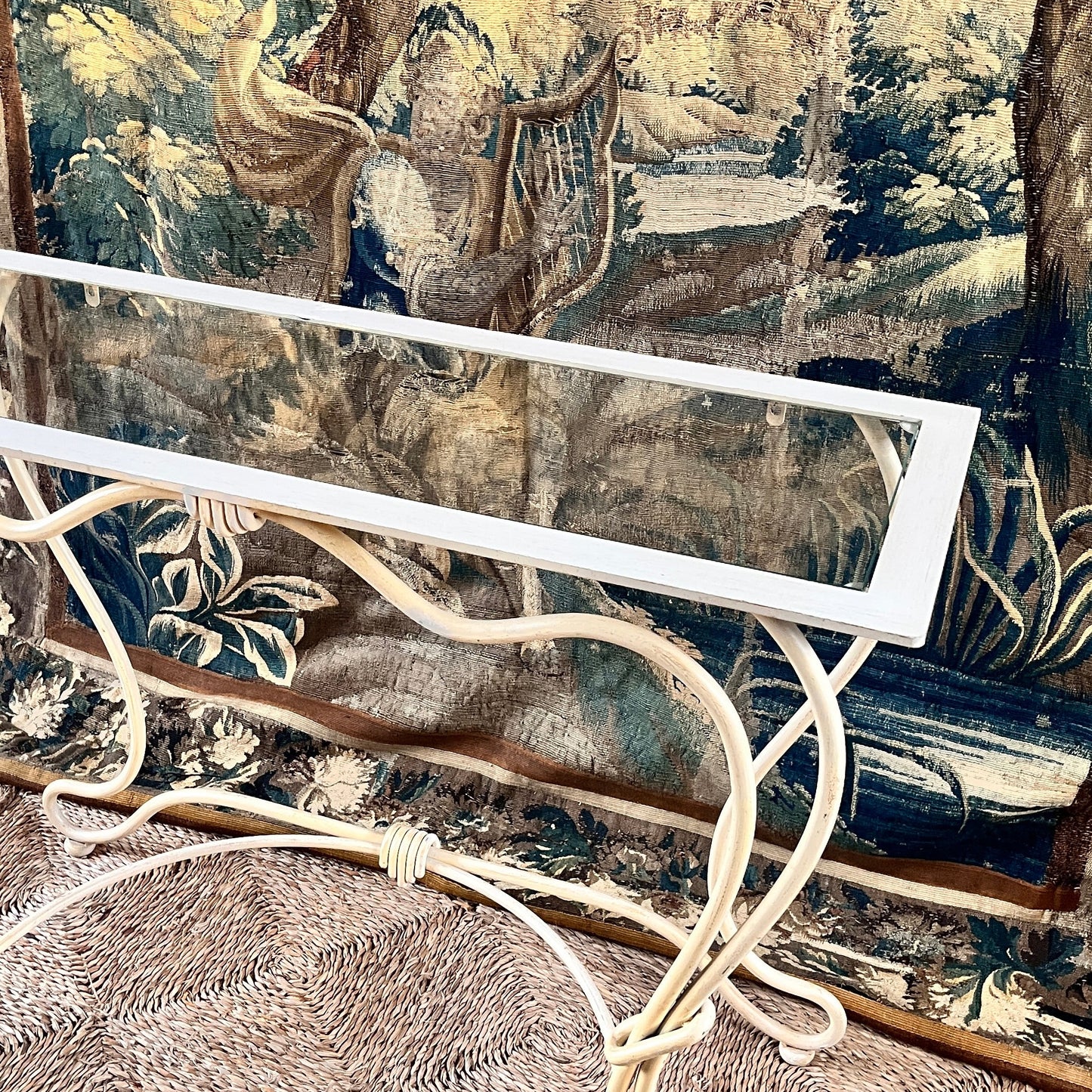 Bespoke French Wrought Iron Console Table with Glass Top