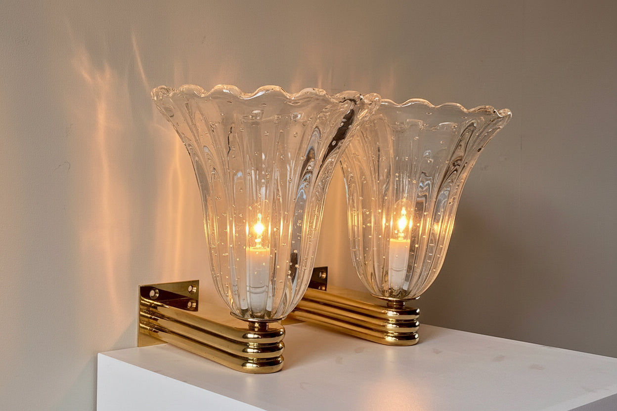 Pair of Murano Bubble Glass Wall Lights, Attr. Barovier & Toso, Italy c.1960